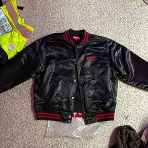 Satin varsity bomber, supreme x thrasher collab. Black and red